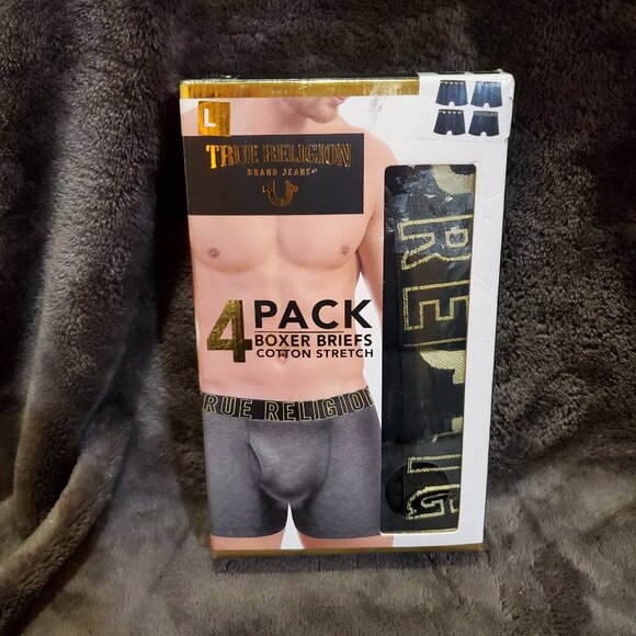 4 Pcs True Religion Men's Boxer Brief Black/Gold Cotton Stretch Large 36"-38" - Picture 1 of 7